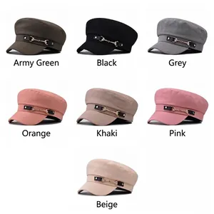 Set of multi-color wool newsboy caps with black leather strap and gold metal horsebit detail