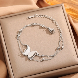 Double-layer stainless steel butterfly bracelet with silver beads and adjustable clasp