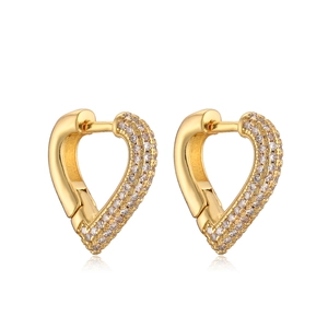 Exquisite gold plated heart hoop earrings with sparkling pave crystals on white background