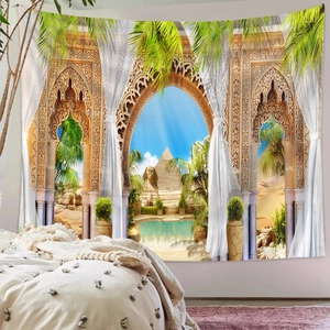 Detailansicht eines Polyester-Wandteppichs mit exotischer nordafrikanischer Architektur