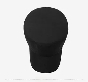 Top down view of black flat top military style hat showing twill cotton texture