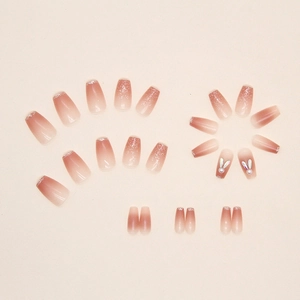 Faux ongles dégradés de style français avec paillettes et décorations de lapin 3D