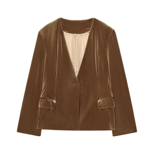 Conjunto de traje para mujer en terciopelo marrón con blazer sin cuello y pantalón