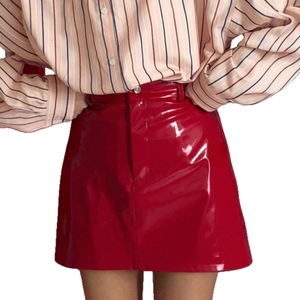 Glossy red PU leather mini skirt paired with a striped shirt for a stylish autumn look