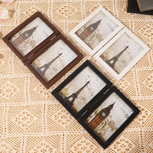 Foldable wooden double photo frame in walnut, white and black colors with metal hinges