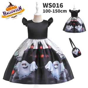 Detail of Halloween girl's witch dress with ghost print and matching drawstring bag