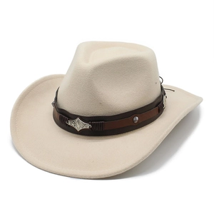 Classic beige western cowboy felt hat featuring a brown leather band with silver metal studs