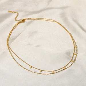 Classic double-layer 18K gold plated stainless steel necklace with bead chain and sequins