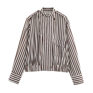 Women Striped Shirt Jacket Stand Collar Long Sleeve Polyester Blouse With Epaulettes Elastic Hem Casual Vintage Top
