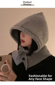 Close-up of grey knit balaclava hood with button detail and soft wool texture