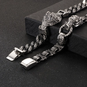 Retro lion head titanium steel bracelets for men with Cuban and textured woven chains