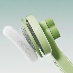 Green pet slicker brush with self-cleaning button removing white loose fur efficiently