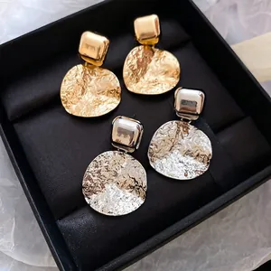 Hammered Round Dangle Earrings Geometric Square Studs Vintage Style Metal Alloy Jewelry With 925 Sterling Silver Earring Post For Women