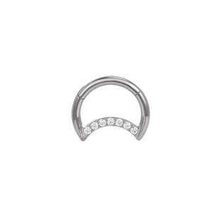 F136 titanium clicker nose ring with sparkling CZ crystals in a silver-toned hinged hoop