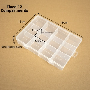 Detailed dimensions of a 12-compartment clear PP storage box with dimensions in centimeters
