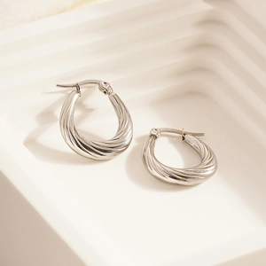Silver geometric twisted U-shape titanium steel hoop earrings with rope texture