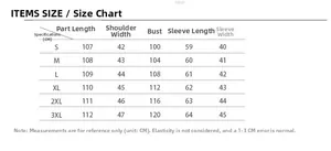 Detailed size chart for long faux fox fur coat with measurements in centimeters