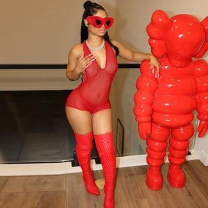 Women Halter Backless Romper Knit Hollow Out Sexy Sleeveless Bodysuit Slim Fit Summer Streetwear Red Jumpsuit