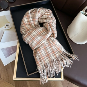 Classic plaid imitation cashmere scarf with tassels in orange and beige tones