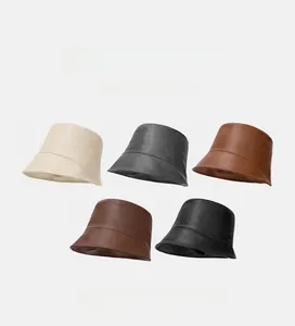 Detail display of PU leather bucket hats in five colors with premium stitched finish