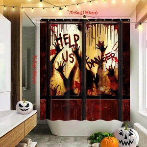 Halloween shower curtain detail with bloody handprints and HELP US text in 180x180cm size