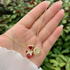18K gold plated necklace featuring a red heart stone, sun flower, and sparkling zircon