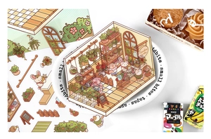 Detailed view of 3D miniature garden stickers with house and plant patterns for DIY