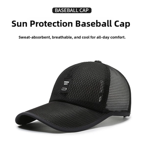Close-up of black breathable full mesh fabric and brand label on a sun hat