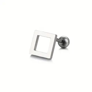 Close-up of square hollow titanium steel stud earring with brushed metal finish