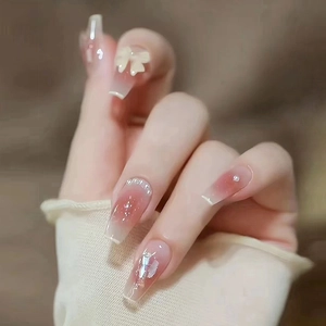 Pink Gradient Press On Nails Ballerina Long 3D Bow Faux Artificial Pearl Glitter Rhinestone Decorative Artificial Finger Nails
