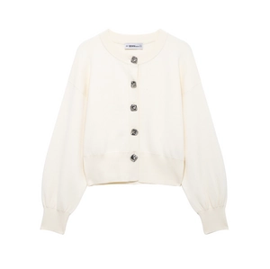 Women Knit Cardigan Long Lantern Sleeve Flower Button Solid Color Round Neck Casual Soft Top