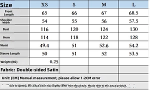 Size chart for the square neck satin shirt showing measurements in CM from XS to L