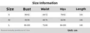 Size chart for slim fit long sleeve maxi dress with bust, waist, and hip details in cm