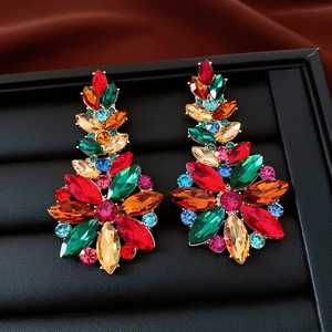 Vintage style colorful glass flower earrings with multi-color rhinestones and silver pins