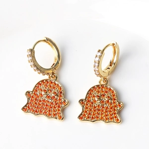 Golden earrings with sparkling orange zircon ghost charms for Halloween party jewelry