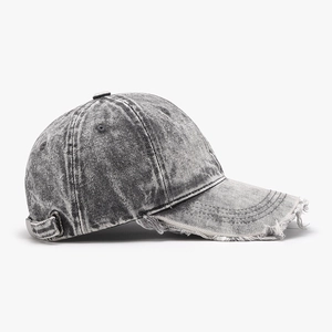 Vintage gray acid wash denim baseball cap with distressed brim and metal buckle strap