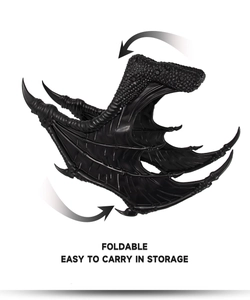 Foldable black dragon wings for adult cosplay featuring realistic skin texture and bone structure