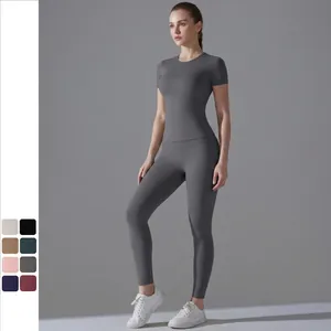 Completo Yoga da Donna Sopra E Sotto Vestibilità Aderente Maglia Fitness Manica Corta Leggings a Vita Alta Asciugatura Rapida