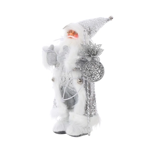 Detail of silver standing Santa figure with sequin fabric and white faux fur trim decor