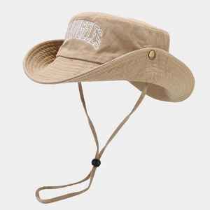 Chapeau de soleil cowboy en coton kaki avec broderie Los Angeles et corde coupe-vent