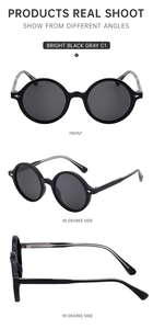 Three views of round black sunglasses with gray lenses from front and side angles