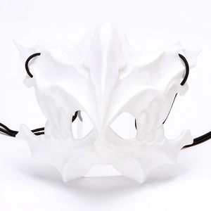 Detailed view of white bone skeleton cosplay mask featuring adjustable black elastic strap