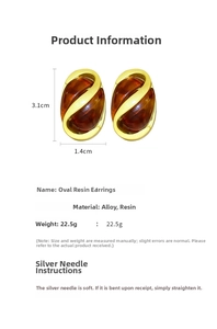 Detailed specs of amber resin and gold alloy oval vintage earrings, 3.1cm x 1.4cm