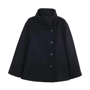 Cappotto corto di lana da donna con collo alto alla coreana e chiusura monopetto