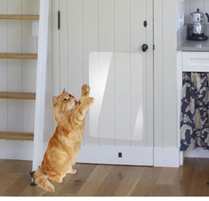 Detailed view of self-adhesive transparent furniture scratch guard on a white wooden door