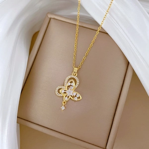 Elegant gold titanium steel double-layer butterfly necklace with diamonds on silk