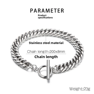 Detail view of silver stainless steel Cuban link bracelet with OT toggle clasp and 8mm size