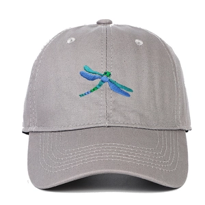 Detailed blue and green dragonfly embroidery on a grey cotton twill baseball cap