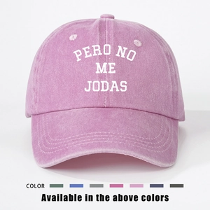 Vintage washed pink denim baseball cap with PERO NO ME JODAS print on front