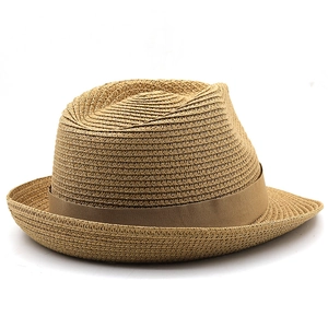 Classic straw sun hat with wide brim and brown ribbon trim for children and parents